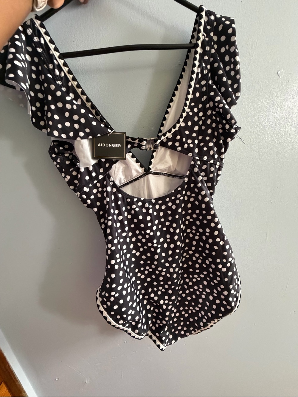 Polka Dot Ruffle Sleeve One-Piece Swimsuit — Black & White - Picture 4 of 7